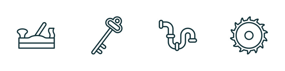 Poster - set of 4 linear icons from construction tools concept. outline icons included jack plane, antique key, plumbing pipes, blade saw vector