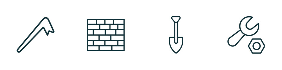 Poster - set of 4 linear icons from construction tools concept. outline icons included crowbar, brick wall, spade, wrench and nut vector
