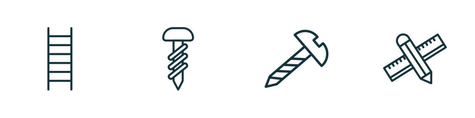 Poster - set of 4 linear icons from construction and tools concept. outline icons included ladder, garage screw, screw, pencil and ruler vector