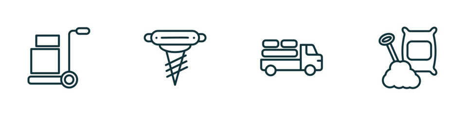 Poster - set of 4 linear icons from construction concept. outline icons included trolley with cargo, pickaxes drilling, truck with load, cement vector