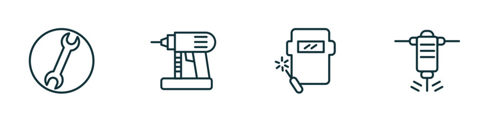 Poster - set of 4 linear icons from construction concept. outline icons included round wrench, nail gun, welding, hydraulic breaker vector