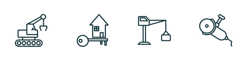 Poster - set of 4 linear icons from construction concept. outline icons included derrick with tong, home key, big derrick with boxes, grinder vector