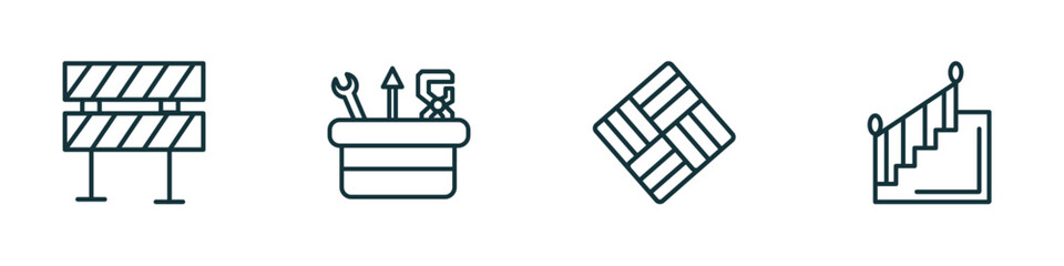 Poster - set of 4 linear icons from construction concept. outline icons included barrier, tool box, paver, stairs with handle vector