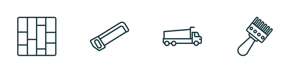 Poster - set of 4 linear icons from construction concept. outline icons included paving, hacksaw, tipper, sand brush vector