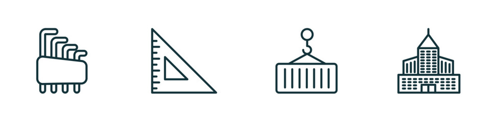 Poster - set of 4 linear icons from construction concept. outline icons included hex key, angle ruler, derrick with load, big building vector