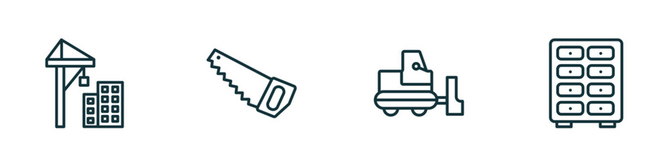 Poster - set of 4 linear icons from construction concept. outline icons included constructions, big saw, little snowplow, big clo vector