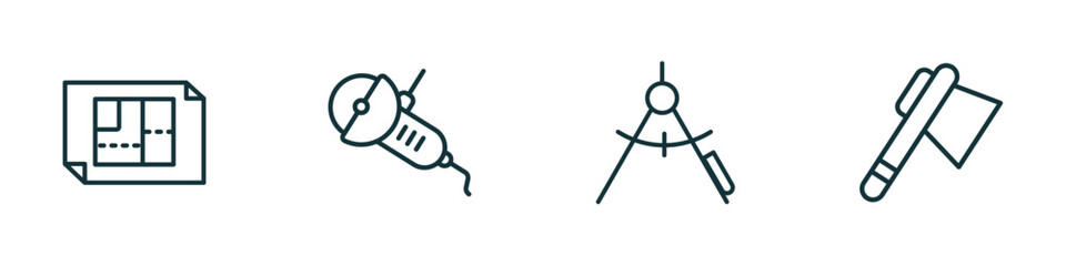 Poster - set of 4 linear icons from construction concept. outline icons included house plan, angle grinder, drawing compass, inclined ax vector