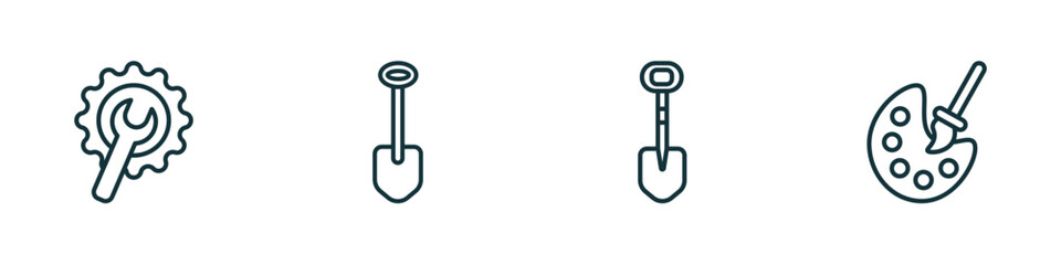 Poster - set of 4 linear icons from construction concept. outline icons included wrench and gear, big shovel, interior de, pallete vector