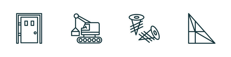 Poster - set of 4 linear icons from construction concept. outline icons included big door, derrick with box, two screws, joist vector