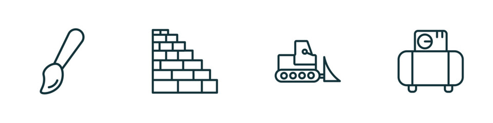 Poster - set of 4 linear icons from construction concept. outline icons included brush, birck wall, bulldozer, air compressor vector