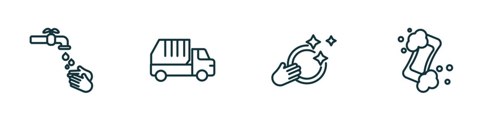 Poster - set of 4 linear icons from cleaning concept. outline icons included hands cleanin, garbage truck, washing dishes, hand soap vector