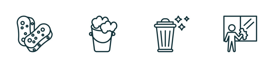 Poster - set of 4 linear icons from cleaning concept. outline icons included scouring pads, bucket cleanin, trash cleanin, window cleaner vector