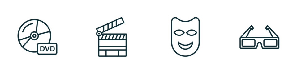 Poster - set of 4 linear icons from cinema concept. outline icons included dvd, cinema clapperboard, smile mask, 3d glass vector