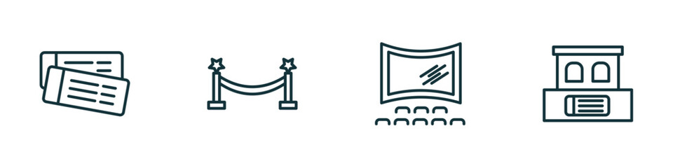 Poster - set of 4 linear icons from cinema concept. outline icons included tickets, cinema borders, theatre screen, box office vector