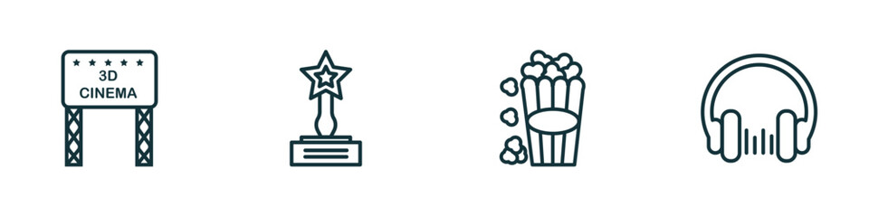 Poster - set of 4 linear icons from cinema concept. outline icons included movie billboard, trophy with a star, popcorn box, headphone vector