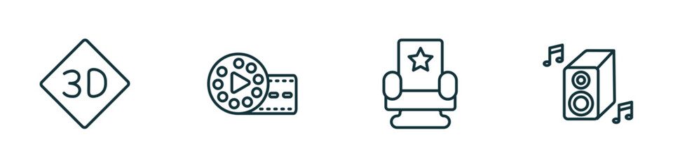Poster - set of 4 linear icons from cinema concept. outline icons included 3d text, film reel playing, cinema chair, loud woofer box vector
