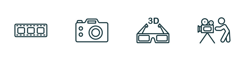 Poster - set of 4 linear icons from cinema concept. outline icons included film negatives, dslr camera, 3d movie, cameraman vector