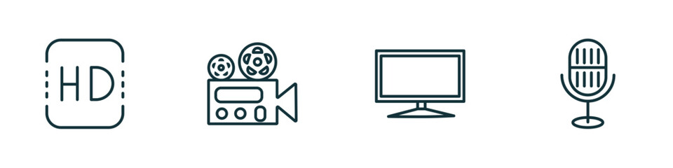 Poster - set of 4 linear icons from cinema concept. outline icons included hd, film viewer, flat tv, movie microphone vector