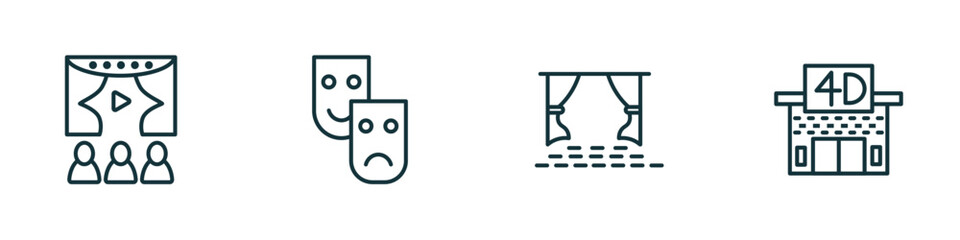 Poster - set of 4 linear icons from cinema concept. outline icons included people watching a movie, movie theatre, cinema screen, movie theater vector
