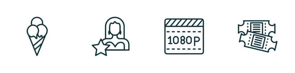 Poster - set of 4 linear icons from cinema concept. outline icons included stripped ice cream cone, actress, 1080p full hd, theater ticket vector