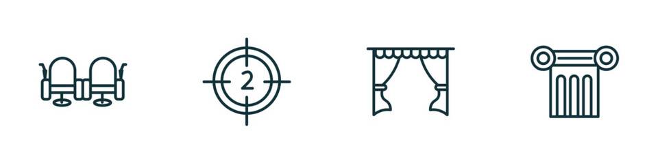 Poster - set of 4 linear icons from cinema concept. outline icons included cinema seats, film counter, cinema curtains, theatre pillar vector