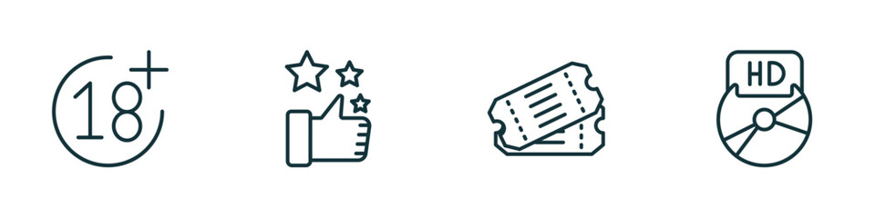 Poster - set of 4 linear icons from cinema concept. outline icons included plus 18 movie, thumb up with star, two movie tickets, hd dvd vector