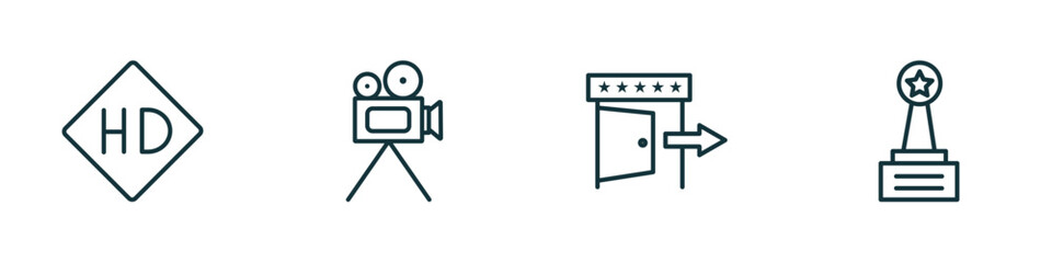 Poster - set of 4 linear icons from cinema concept. outline icons included hd video, movie camera, cinema exit, movie award vector