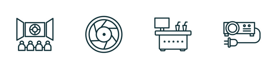 Poster - set of 4 linear icons from cinema concept. outline icons included cinema audience, camera lens, cinema snack bar, projector with plug vector