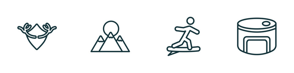 Poster - set of 4 linear icons from camping concept. outline icons included hunting trophy, mountain, surfing, canned food vector