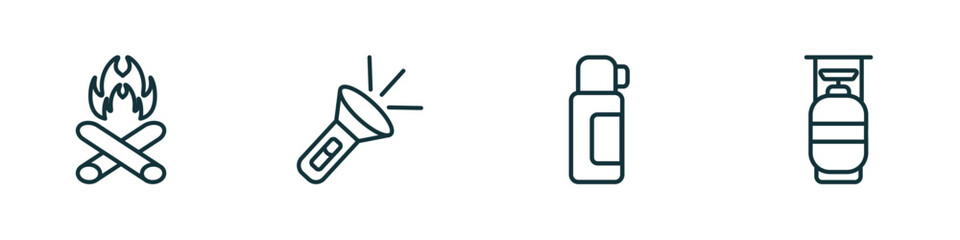 Poster - set of 4 linear icons from camping concept. outline icons included campfire, flashlight, thermo, cooking gas vector