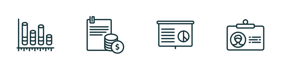Poster - set of 4 linear icons from business concept. outline icons included bars graphic, stock dealing, statistics presentation, color business card vector