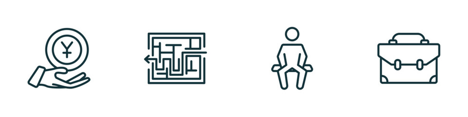 Poster - set of 4 linear icons from business concept. outline icons included yen coin on hands, maze game, sitting, briefcase tings vector