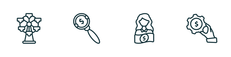 Poster - set of 4 linear icons from business concept. outline icons included big ferris wheel, money searcher, woman with money, hand with money gear vector