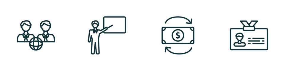 Poster - set of 4 linear icons from business concept. outline icons included partners in business, man presentation, return of investment, club card vector