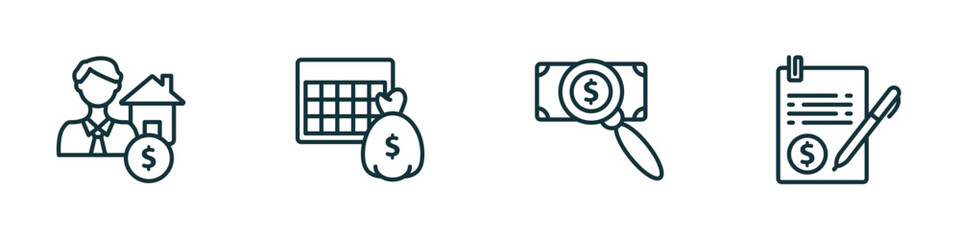 Poster - set of 4 linear icons from business concept. outline icons included mortgage and man, economy games, dollar business search, bailment vector