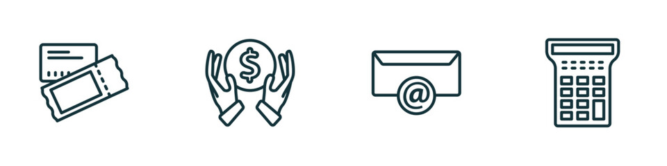 Poster - set of 4 linear icons from business concept. outline icons included credit card and ticket, dollar money protection, email contacts, calculator maths tool vector