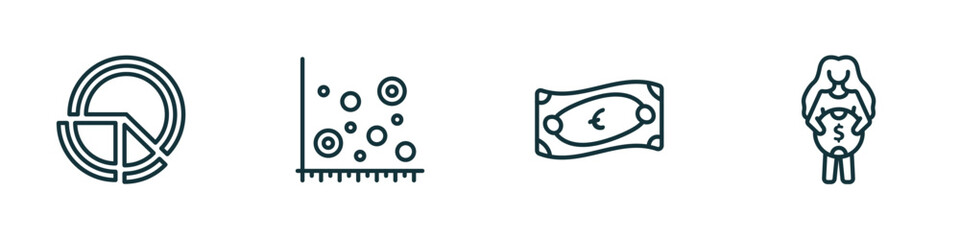 Poster - set of 4 linear icons from business concept. outline icons included pie chart file, scatter chart, euro bills, woman holding big coin vector