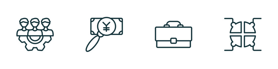 Poster - set of 4 linear icons from business concept. outline icons included work parteners, yen business search, bussines briefcase, infographic elements vector