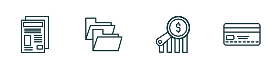 Poster - set of 4 linear icons from business concept. outline icons included newspaper page, two folders, money finder, banking card vector