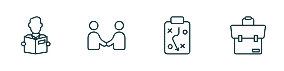 Poster - set of 4 linear icons from business concept. outline icons included reader, men shaking hands, tactic, briefcase vector