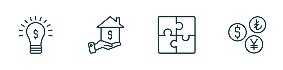 Poster - set of 4 linear icons from business concept. outline icons included ideas to earn money, mortgage loan, puzzle game piece, currencies vector