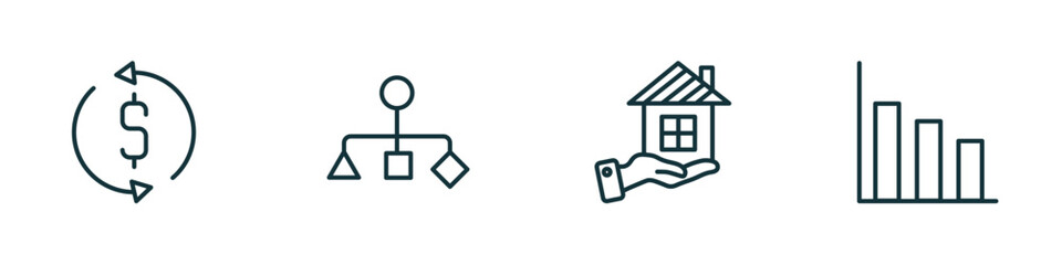 Poster - set of 4 linear icons from business concept. outline icons included money convert, hierarchy structure, home insurance, bars chart vector