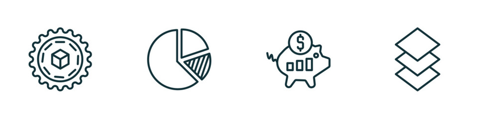 Poster - set of 4 linear icons from business concept. outline icons included proof of work, pie chart statistics, purpose of saving money, stack vector