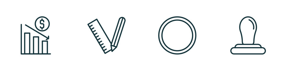 Poster - set of 4 linear icons from business concept. outline icons included deficit, maths tool, full circle, rubber stamp vector