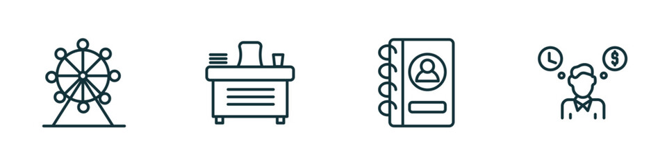 Poster - set of 4 linear icons from business concept. outline icons included big wheel, director desk, address book, worker money time vector