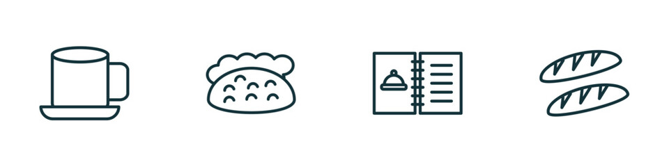 Poster - set of 4 linear icons from bistro and restaurant concept. outline icons included breakfast cup, pita bread, open menu, load of bread vector