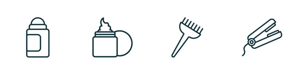 Poster - set of 4 linear icons from beauty concept. outline icons included deodorant, moisturizer, tint brush, hair straightener vector