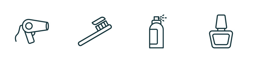 Poster - set of 4 linear icons from beauty concept. outline icons included hairdryer facing left, toothbrush, hair spray, nail polish vector