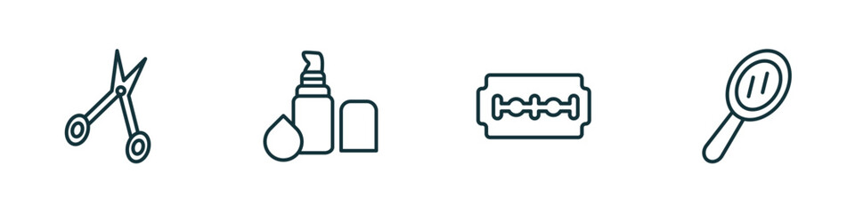 Poster - set of 4 linear icons from beauty concept. outline icons included hair scissors, concealer, big razor blade, hand mirror vector