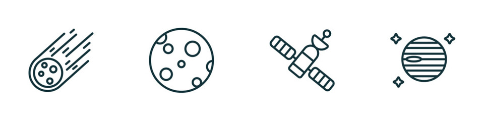 Poster - set of 4 linear icons from astronomy concept. outline icons included meteorite falling, big moon, inclined satellite, venus with satellite vector